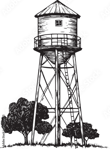 Water tower sketch engraving vector illustration. T-shirt apparel print design. Scratch board imitation. Black and white hand drawn image.