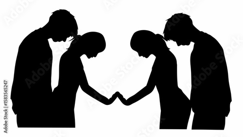 Silhouette of two couples facing each other with hands touching in a gesture of connection or support | editable eps vectors