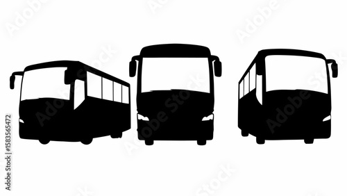 Three black bus silhouettes in different angles on a white background showing transportation vehicles design | editable eps vectors