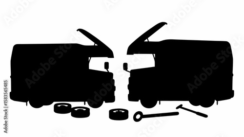 Two black silhouette camper vans facing each other with open hoods and tools and tires on the ground | editable eps vectors