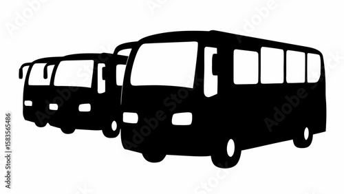 Three buses parked in a row in black silhouette against a white background in a simple vector style | editable eps vectors