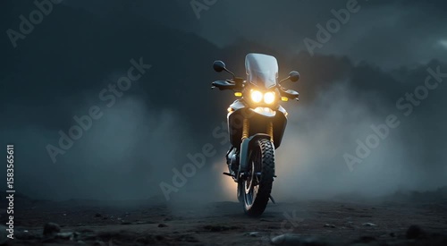 Adventure Motorcycle Headlights Illuminate A Misty Dark Landscape For Cinematic B Roll Footage