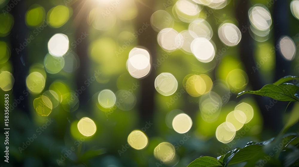 Obraz premium Defocused green nature background with sunlight and bokeh effect, ideal for eco, wellness, or spa design