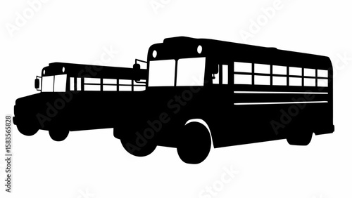 Two school buses parked side by side in a black silhouette style against a white background scene view | editable eps vectors