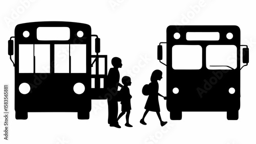 Silhouette illustration of children boarding school buses with visible windows and headlights design element | editable eps vectors