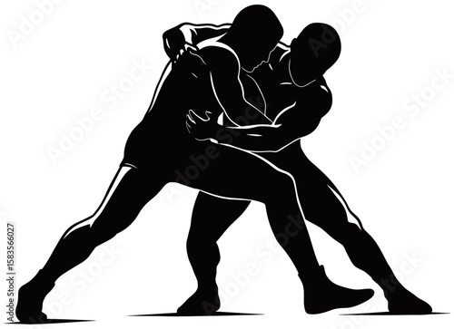 Silhouette of Two Wrestlers in Intense Match – Vector Illustration of Professional Wrestling on Mat