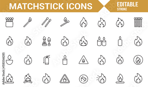 Matchstick Icons Collection Featuring Flames, Matches, and Fire Safety Tools