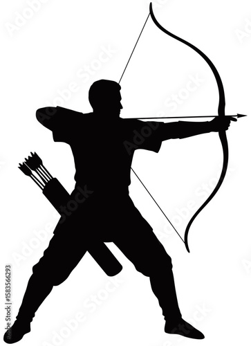 Silhouette of a medieval archer aiming a drawn bow with arrow. The figure stands in strong stance, wearing traditional gear with quiver on back.