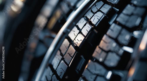 Automotive Tire Close Up Detail And Tread Pattern Of A New Car