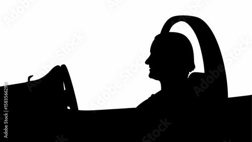 Silhouette of a pilot in the cockpit of an airplane against a white background with clear details | editable eps vectors