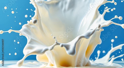 Creamy White Milk Splash On Blue Background For Drink Or Food Product Advertisement