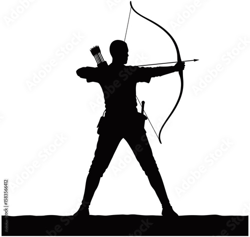 Silhouette of a medieval archer aiming a drawn bow with arrow. The figure stands in strong stance, wearing traditional gear with quiver on back.