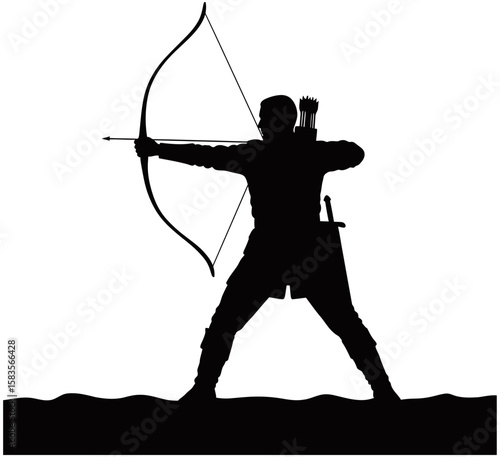 Silhouette of a medieval archer aiming a drawn bow with arrow. The figure stands in strong stance, wearing traditional gear with quiver on back.