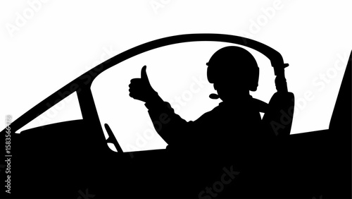 Silhouette of pilot giving thumbs up inside cockpit with helmet and microphone on a white background | editable eps vectors