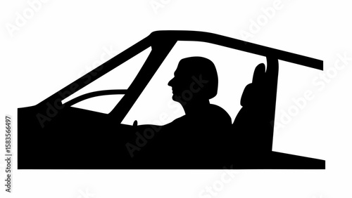 Silhouette of a person driving a car with steering wheel and seat inside the vehicle in black | editable eps vectors