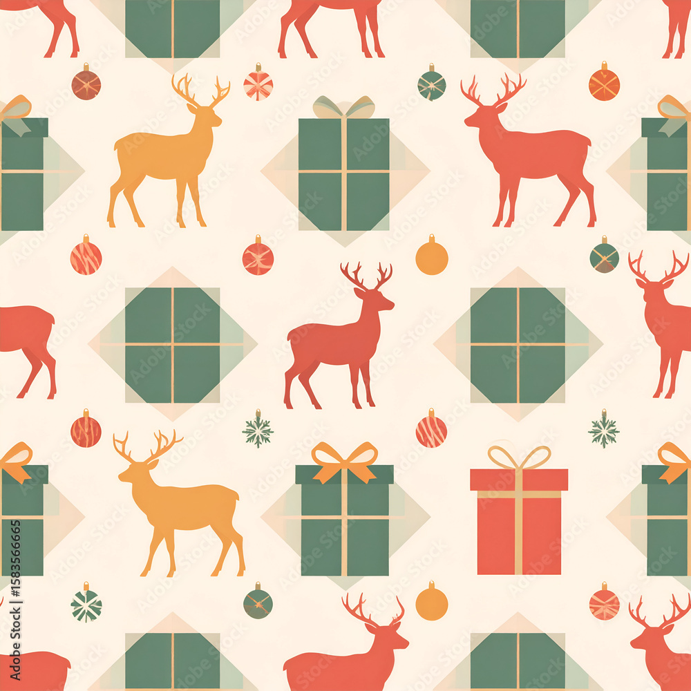Fototapeta premium Firefly__Seamless Christmas pattern with Plaid-Tartan, clean lines, reindeer, ornaments suitable for modern banner, website, or greeting card designs