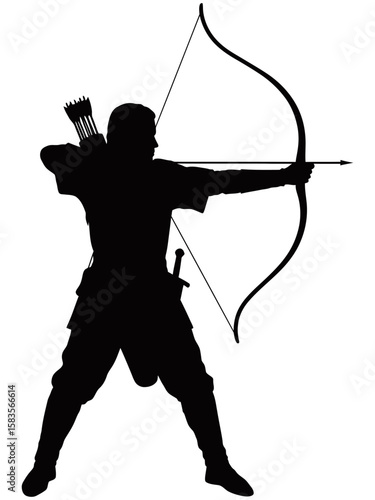 Silhouette of a medieval archer aiming a drawn bow with arrow. The figure stands in strong stance, wearing traditional gear with quiver on back.
