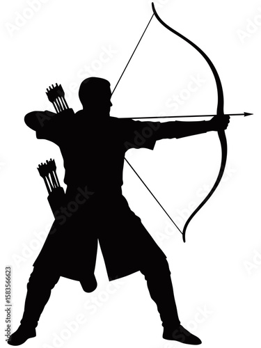 Silhouette of a medieval archer aiming a drawn bow with arrow. The figure stands in strong stance, wearing traditional gear with quiver on back.