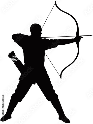 Silhouette of a medieval archer aiming a drawn bow with arrow. The figure stands in strong stance, wearing traditional gear with quiver on back.