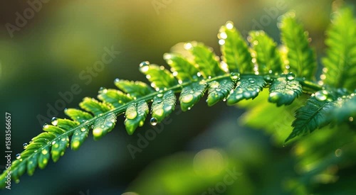 Macro Shot Of Fern Frond With Water Droplets In Golden Morning Light