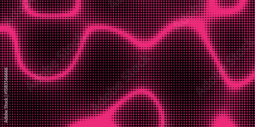 Electric neon waves filling the ether. Shimmering dots forming a pattern of smooth lines, bumps and depressions. Acid vector background for music album.