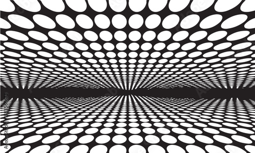 Abstract black and white perspective illustration with elliptical pattern and symmetrical design