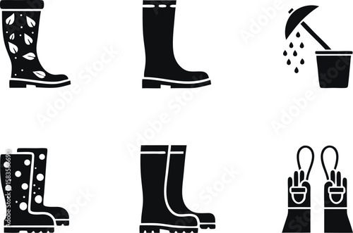 Rainy Day Essentials Icon Set Boots Gloves and Umbrella