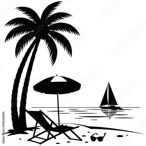 Tropical beach silhouette style featuring a retro van, flamingo, palm trees, birds, and ocean view. Minimalist black and white design ideal for travel or summer graphics.