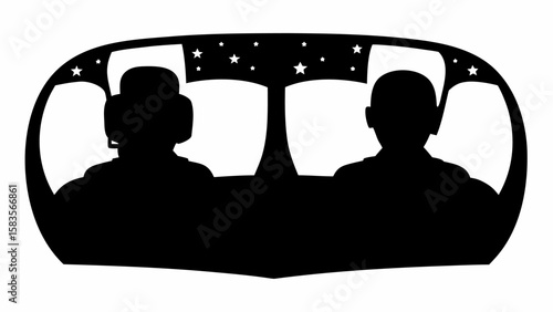 Silhouette of two pilots in a cockpit with stars on the windshield in black and white style image | editable eps vectors