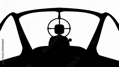 Silhouette view from inside of a cockpit showing the pilot and targeting system in black and white | editable eps vectors