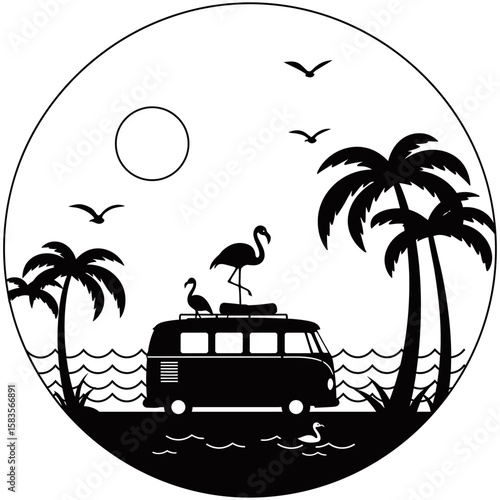 Tropical beach scene in circular silhouette style featuring a retro van, flamingo, palm trees, birds, and ocean view. Minimalist black and white design ideal for travel or summer graphics.