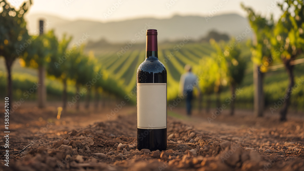 Fototapeta premium Wine Bottle in Vineyard, Scenic Landscape, Photography, Serene Environment, Close-Up View of Nature