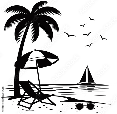 Tropical beach silhouette style featuring a retro van, flamingo, palm trees, birds, and ocean view. Minimalist black and white design ideal for travel or summer graphics.