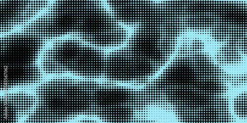 Electric neon waves filling the ether. Shimmering dots forming a pattern of smooth lines, bumps and depressions. Acid vector background for music album.