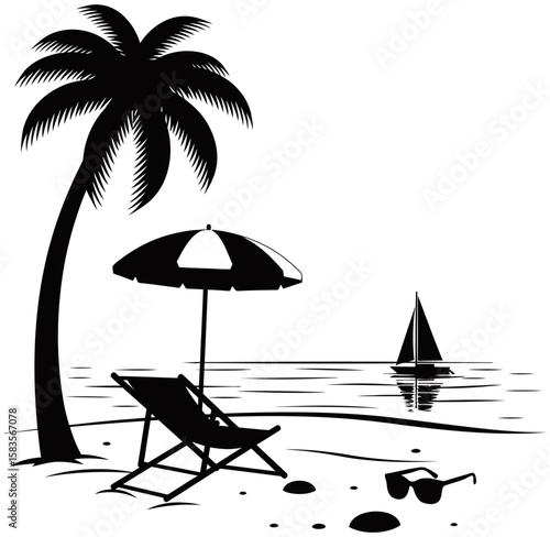 Tropical beach silhouette style featuring a retro van, flamingo, palm trees, birds, and ocean view. Minimalist black and white design ideal for travel or summer graphics.