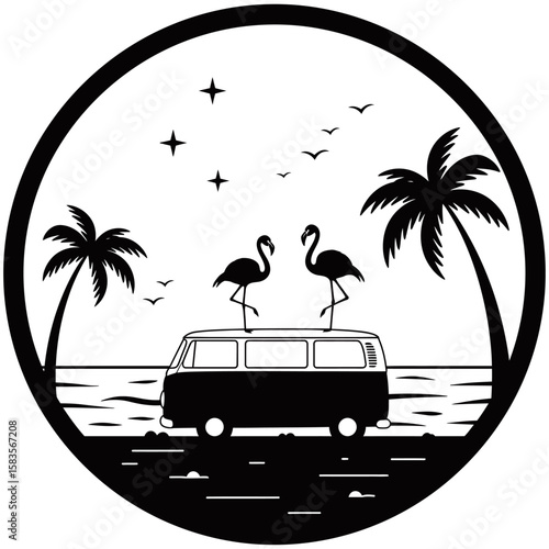 Tropical beach scene in circular silhouette style featuring a retro van, flamingo, palm trees, birds, and ocean view. Minimalist black and white design ideal for travel or summer graphics.