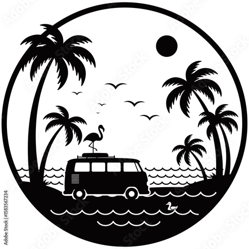 Tropical beach scene in circular silhouette style featuring a retro van, flamingo, palm trees, birds, and ocean view. Minimalist black and white design ideal for travel or summer graphics.