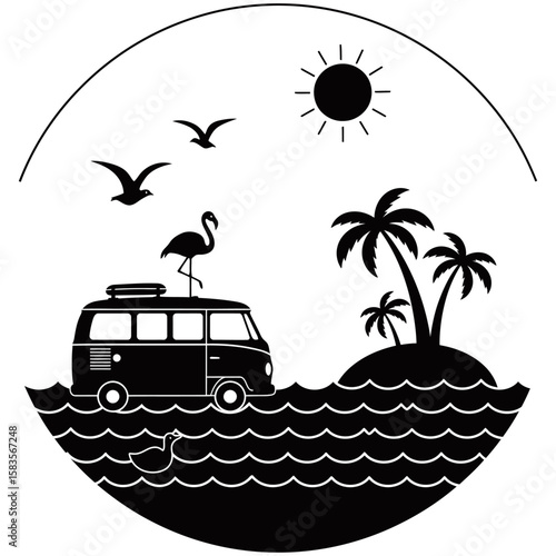 Tropical beach scene in circular silhouette style featuring a retro van, flamingo, palm trees, birds, and ocean view. Minimalist black and white design ideal for travel or summer graphics.