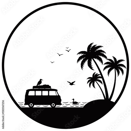 Tropical beach scene in circular silhouette style featuring a retro van, flamingo, palm trees, birds, and ocean view. Minimalist black and white design ideal for travel or summer graphics.