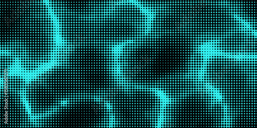 Electric neon waves filling the ether. Shimmering dots forming a pattern of smooth lines, bumps and depressions. Acid vector background for music album.
