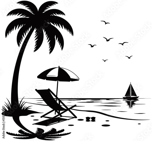 Tropical beach silhouette style featuring a retro van, flamingo, palm trees, birds, and ocean view. Minimalist black and white design ideal for travel or summer graphics.