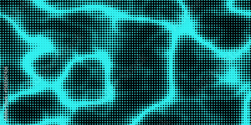 Electric neon waves filling the ether. Shimmering dots forming a pattern of smooth lines, bumps and depressions. Acid vector background for music album.
