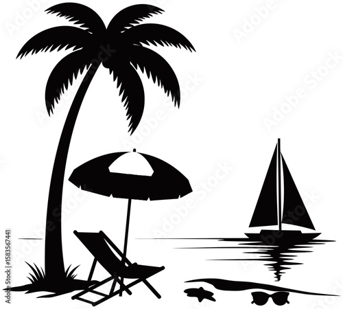 Tropical beach silhouette style featuring a retro van, flamingo, palm trees, birds, and ocean view. Minimalist black and white design ideal for travel or summer graphics.