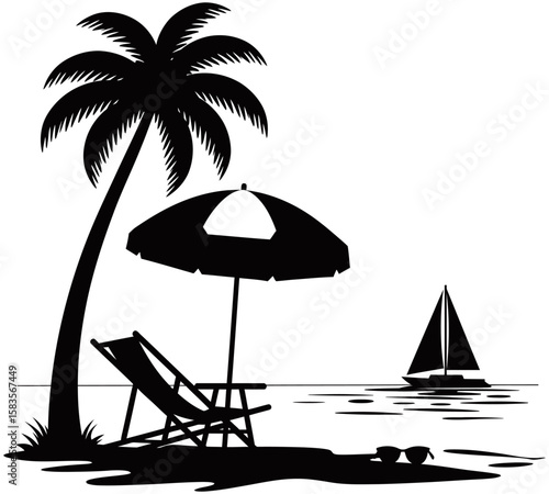 Tropical beach silhouette style featuring a retro van, flamingo, palm trees, birds, and ocean view. Minimalist black and white design ideal for travel or summer graphics.