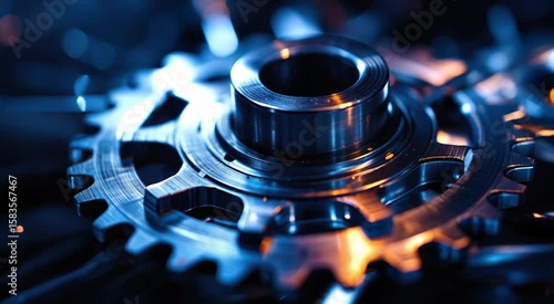 Close Up View Of Mechanical Gears And Cogwheels In Blue And Gold Tone