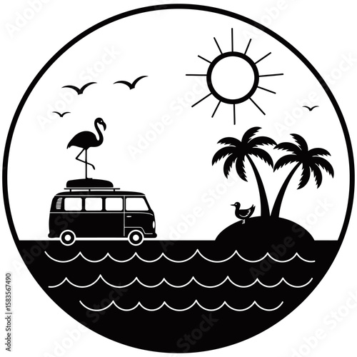 Tropical beach scene in circular silhouette style featuring a retro van, flamingo, palm trees, birds, and ocean view. Minimalist black and white design ideal for travel or summer graphics.