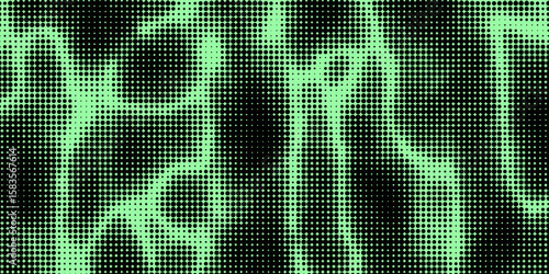 Electric neon waves filling the ether. Shimmering dots forming a pattern of smooth lines, bumps and depressions. Acid vector background for music album.