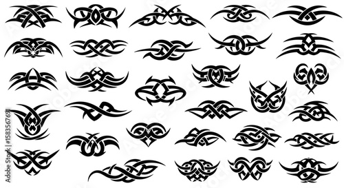Collection of thirtyone unique tribal tattoo designs in black ink.