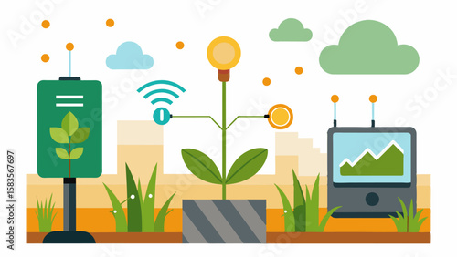 An advanced soil health sensor collecting data on moisture levels pH balance and nutrient content to optimize crop growth.. Vector illustration