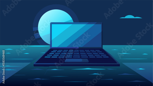 The laptops keyboard glows in the moonlight casting an otherworldly reflection on the surface of the ocean.. Vector illustration
